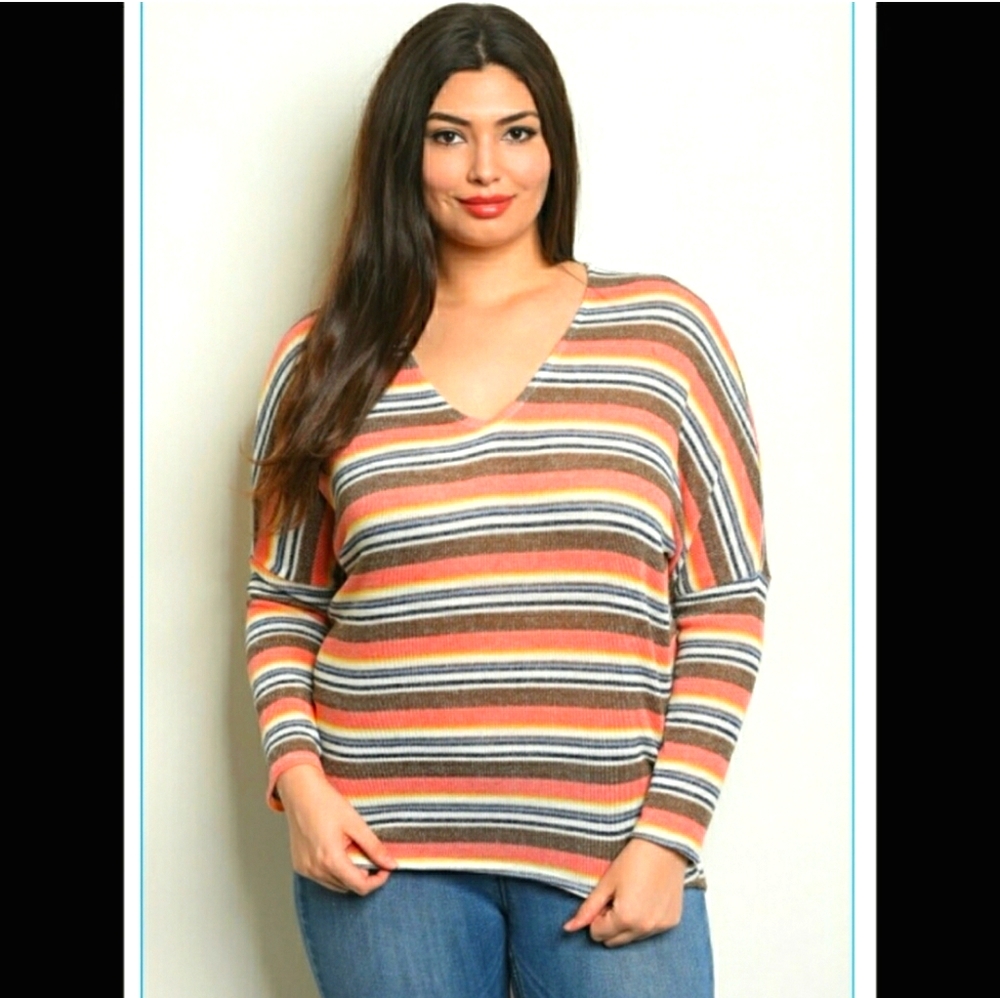 Zenobia blue and coral striped long sleeved top 3X
